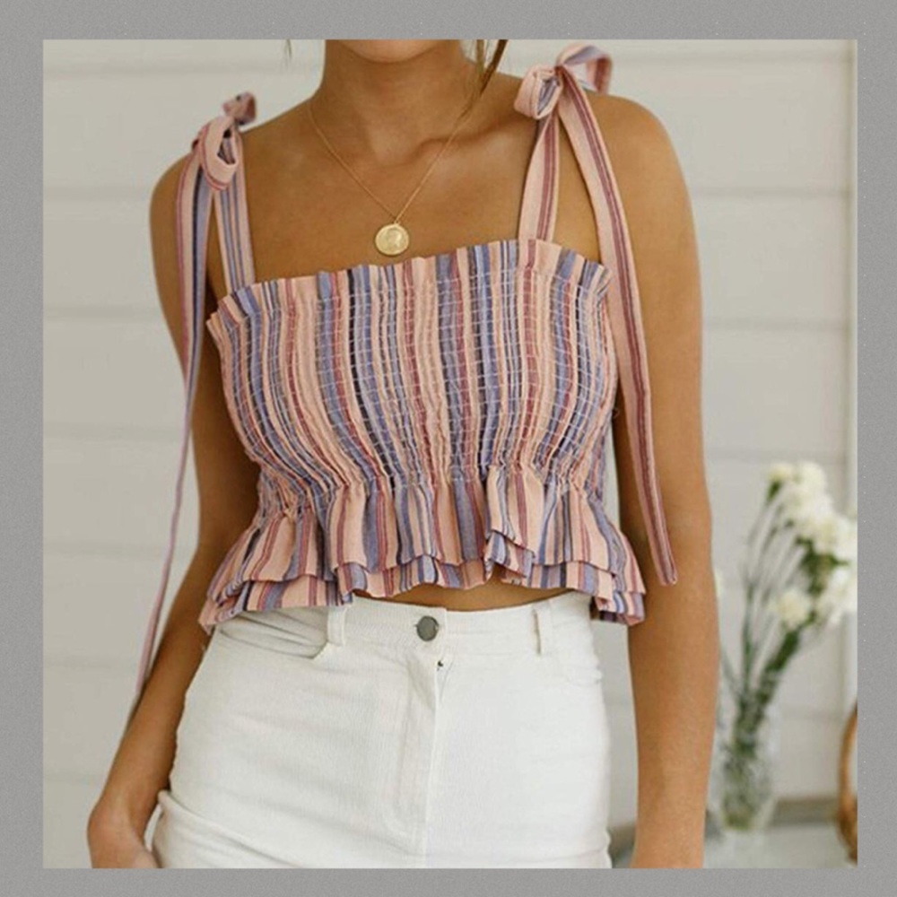 🌸LAST Striped Shoulder Tie Strap Crop Top - Picture 2 of 7